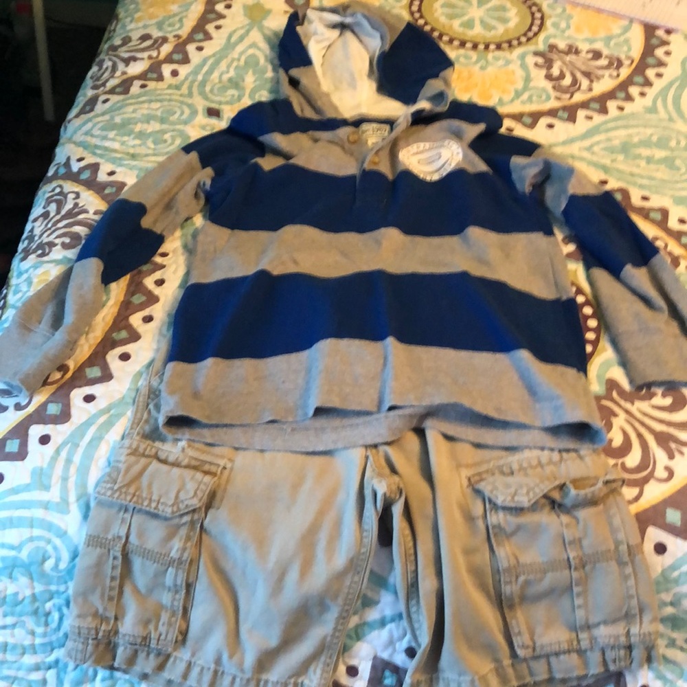 Boys long sleeve henley with hood and cargo shorts